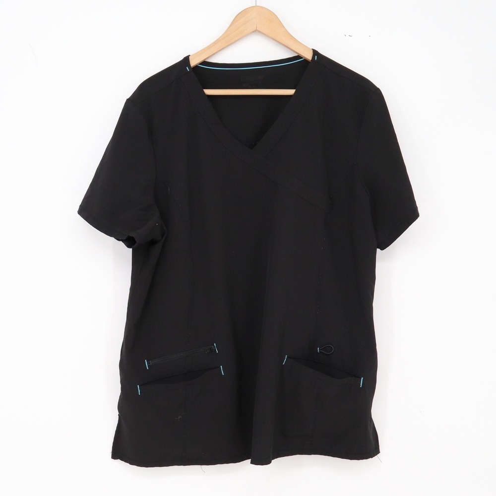 Barco Scrub Top Womens XL Black V-Neck Stretch Pockets Excellent